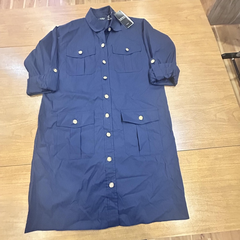 Lauren Ralph Lauren Shirt Dress Womens 4P Blue Gold Button Front Pockets Nylon